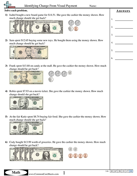 Money Worksheets - Identifying Change From Visual Payment worksheet